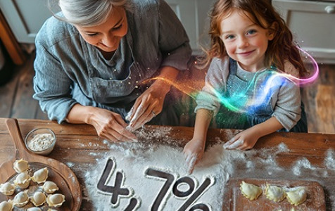 babcia z wnuczką lepią pierogi, narysowane palcem pośród mąki 4,7%